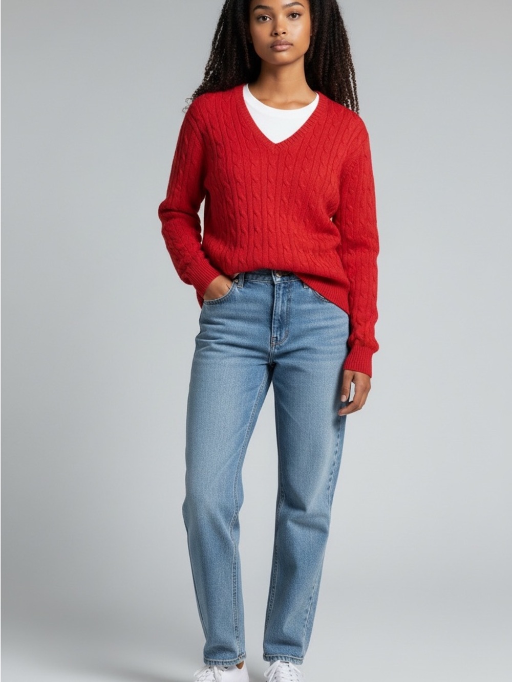 St. John's Bay NWOT Red Cable Knit V-Neck Sweater, Cotton Blend, Petite